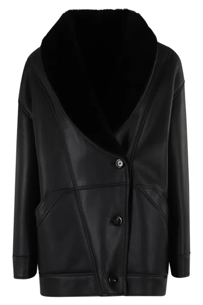 Blancha Leather Shearling Collar Jacket In Black