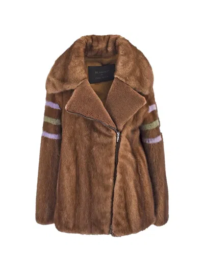 Blancha Striped-details Zip-up Faux-fur Coat In Brown
