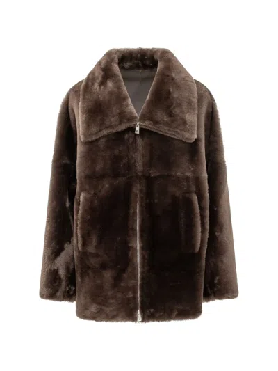 Blancha Wide-collar Shearling Jacket In Brown
