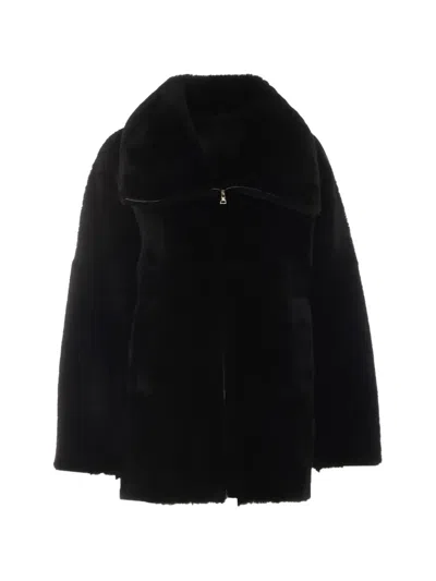 Blancha Chocolate Brown Zipup Shearling Jacket In Black