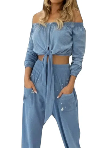 Blanco By Nature Liza Long Sleeve Crop Top In Denim In Blue