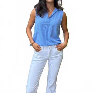 Blanco By Nature Nat Sleeveless Crochet Trim V Neck Top In Azure In Blue