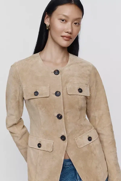 Blanknyc Crew Neck Suede Jacket In Brown