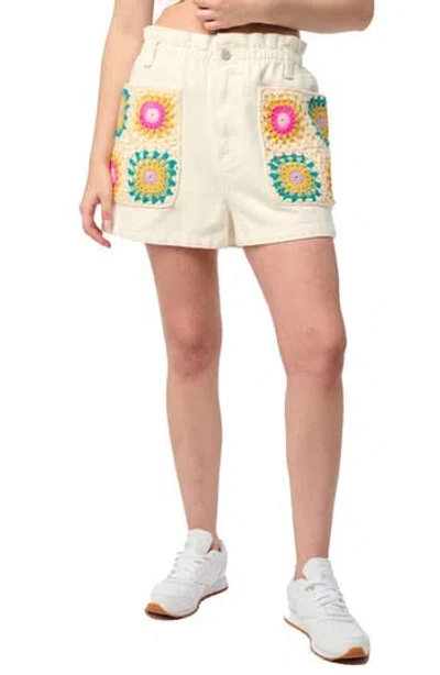 BLANKNYC BLANKNYC CROCHET APPLIQUÉ PAPERBAG WAIST DENIM SHORTS