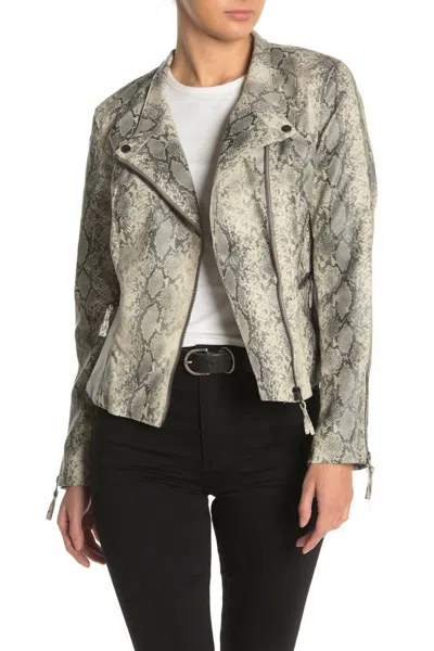 Blanknyc Faux Leather Snake Print Asymmetrical Moto Zip Jacket In White, Grey In Multi