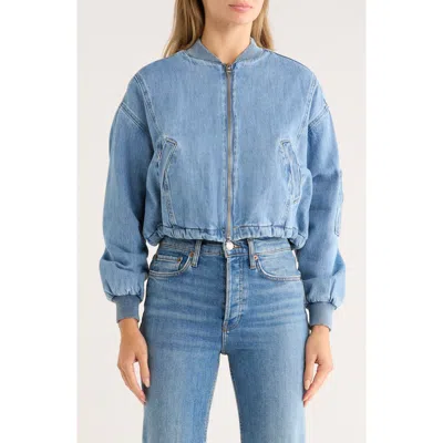 Blanknyc Faux Shearling Lined Denim Bomber Jacket In Blue
