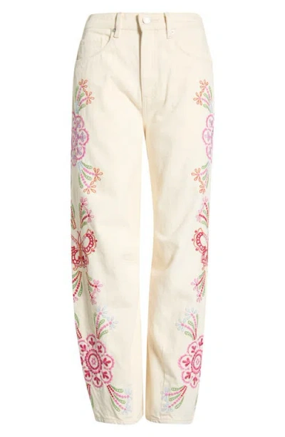 Blanknyc Floral Embroidery Barrel Leg Jeans In Neutral