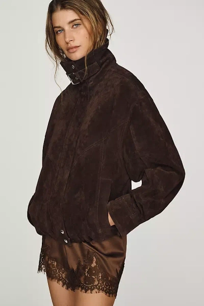 Blanknyc Funnel-neck Suede Jacket In Brown