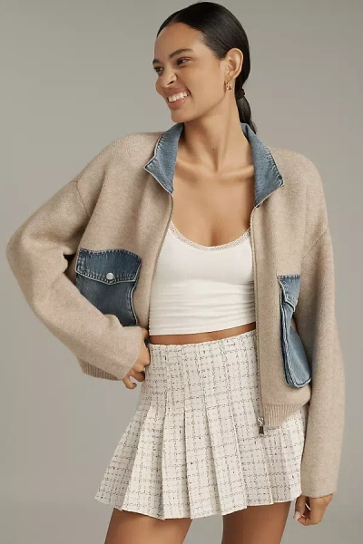 Blanknyc Glow Up Denim & Knit Bomber Jacket In Sand