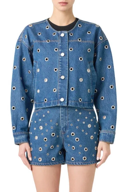 Blanknyc Grommet Collarless Crop Denim Jacket In Silver Dreams