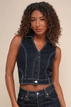 Blanknyc Night Break Dark Wash Collared Denim Vest In Blue