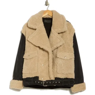 Blanknyc Oversize Faux Shearling & Black Denim Jacket In Brown
