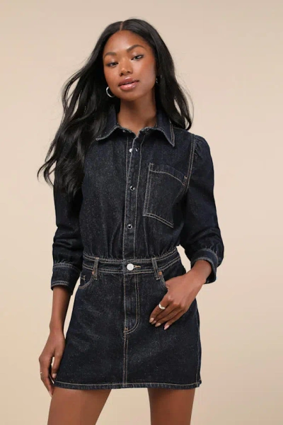 Blanknyc Perfectly Edgy Dark Wash Denim Collared Button-front Mini Dress In Blue