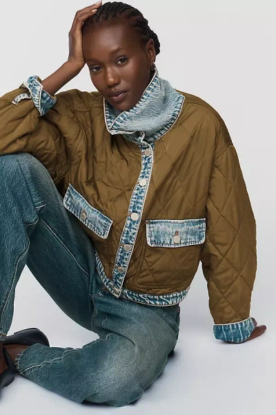 Blanknyc Quilted Denim Funnel Neck Jacket In Green