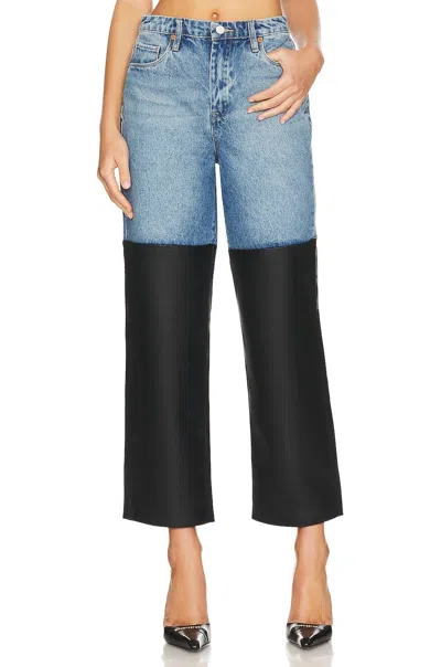 Blanknyc Ribcage Straight Leg Denim With Faux Leather Pants In Light Blue And Black In Multi