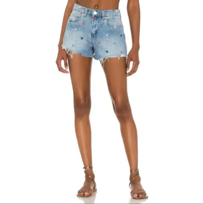 Blanknyc The Barrow Star Embroidered Denim Shorts Raw Hem In Born In The Usa In Multi