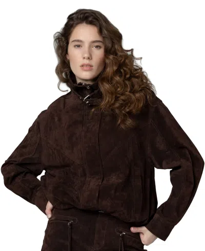 Blanknyc Women's Midnight Drift High Collar Suede Bomber Jacket In Brown