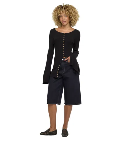 Blanknyc Women's Ribbed-knit Bell-sleeve Button-up Top In Black
