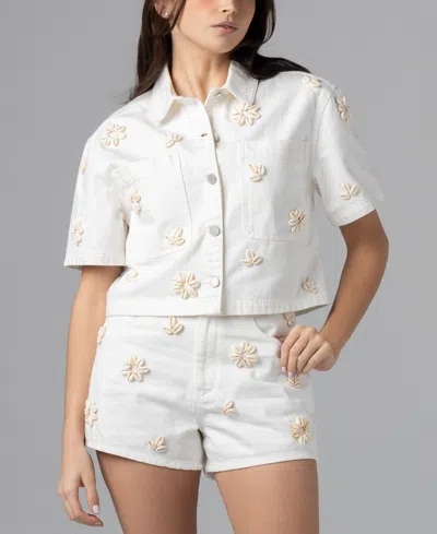 Blanknyc Women's Sea Shell Applique Detail Collared Cropped Denim Shirt In White