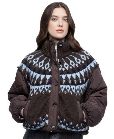 Blanknyc Women's Side Quest Puffer Fair Isle Quilted Jacket In Brown