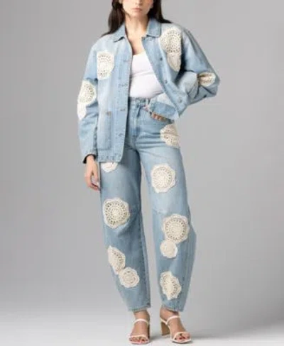 Blanknyc Womens Crochet Doily Chore Jacket Barrel Leg Jeans In Blue