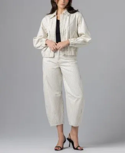 Blanknyc Womens Rail Road Stripe Collared Bomber Jacket Striped Barrell Pants In White