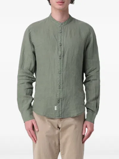 Blauer Band-collar Linen Shirt In Green