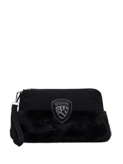 Blauer Faux-fur Trim Logo-patch Make Up Bag In Black