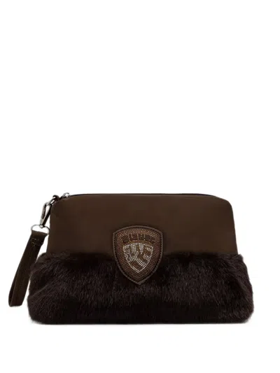 Blauer Faux-fur Trim Logo-patch Make Up Bag In Brown