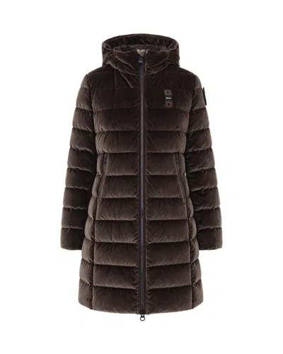 Blauer Flared Brown Velvet Long Puffer Coat With Iridescent Finish In Black