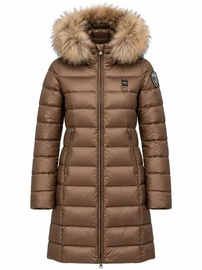 Blauer Fluffy Fur Hooded Quilted Long Down Jacket In Brown