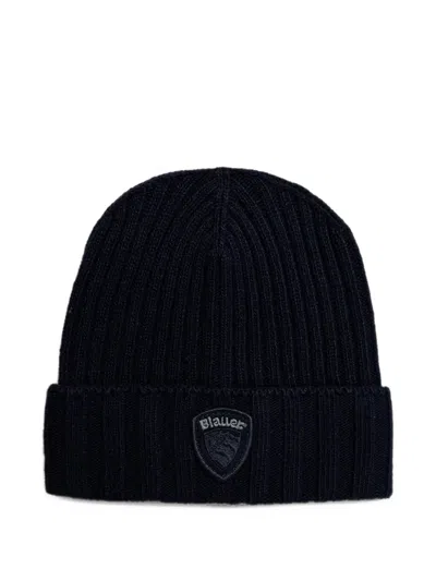 Blauer Kenwood Logo-patch Ribbed-knit Beanie Hat In Blue