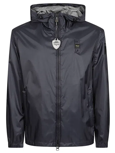 Blauer Lightweight Nylon Windbreaker With Fixed Hood And Functional Details In Black
