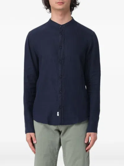 Blauer Linen Mandarin-collar Shirt In Blue