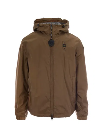 Blauer Logo-patch Hooded Jacket In Brown