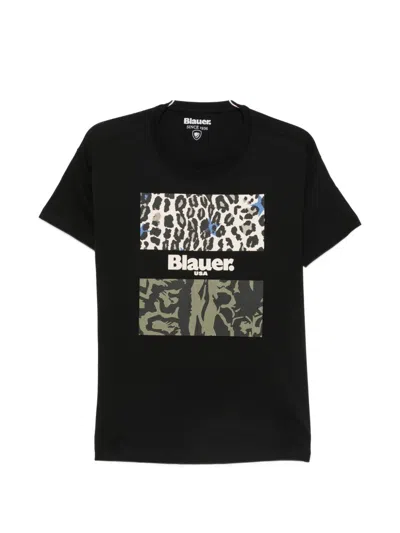 Blauer Logo-print Leopard-pattern T-shirt In Black