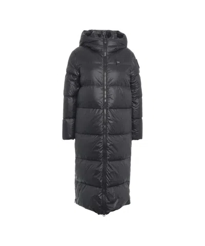 Blauer Long Down Jacket With Integrated Hood And Double-slider Zipper In Black