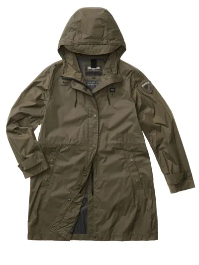 Blauer Long Green Impermeable Coat With Adjustable Features