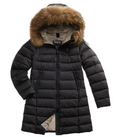 Blauer Long Quilted Fur Trim Fitted Coat In Black