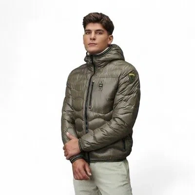 Pre-owned Blauer Men's  Onda Wawe Glossy Nylon Puffer Jacket Green Pine Ai24 In Green Pine Cone