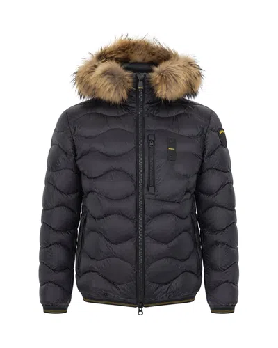Blauer Men's Hooded Puffer Jacket With Faux Fur Trim In Black