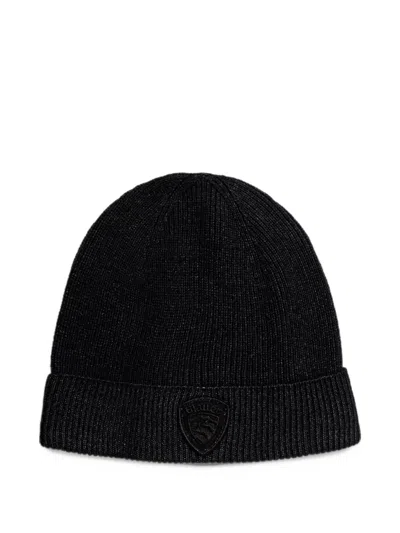 Blauer Oliver Logo-patch Ribbed-knit Beanie Hat In Black
