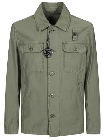 Blauer Unlined Green Utility Jacket With Shirt Collar And Logo Accents