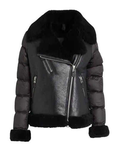 Blauer . Woman Puffer Black Size S Leather, Polyamide, Shearling
