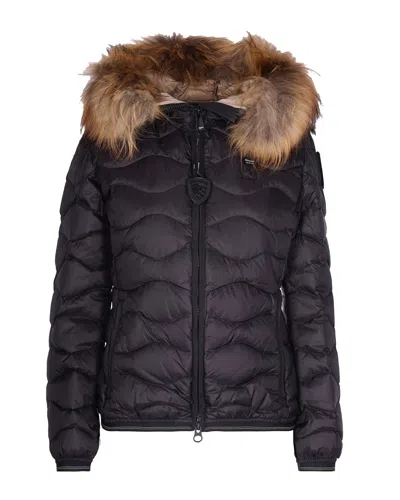 Blauer Women's Hooded Quilted Puffer Jacket With Faux Fur Trim In Black
