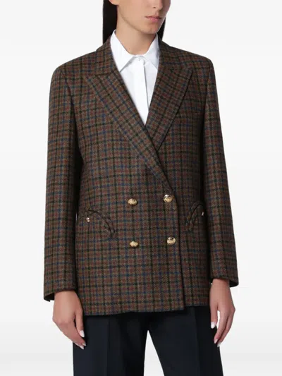 Blazé Milano Blaze Milano Doublebreasted Dark Green Jacket With Check Pattern In Wool In Brown