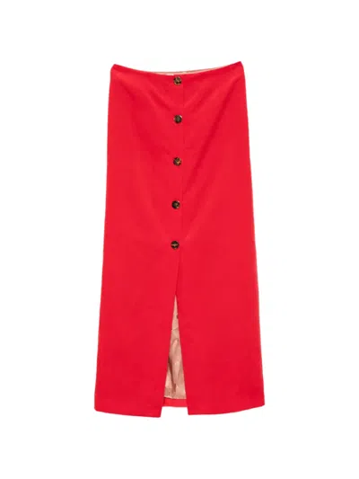 Blazé Milano Jealousy Malaya Button-embellished Cotton And Linen-blend Velvet Midi Skirt In Red