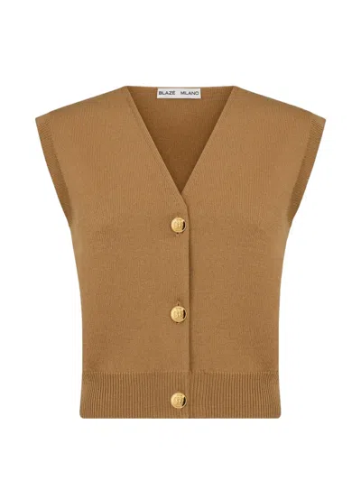 Blazé Milano Button-up V-neck Knitted Gilet In Brown