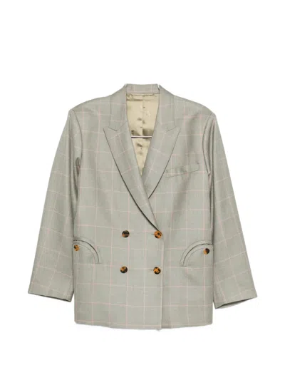 Blazé Milano Double-breasted Beige Blazer With Pink Check Pattern In Multi
