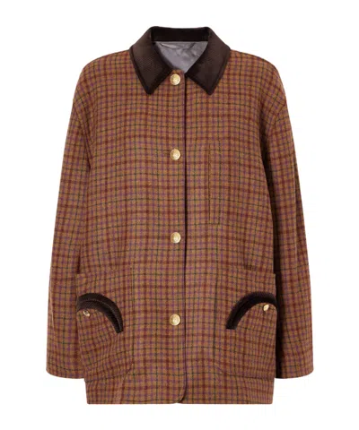 Blazé Milano Clelia Corduroy-trimmed Checked Wool Jacket In Brown